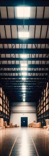 Entrepôt avec mobilier de bureau industriel, mettant en avant un éclairage LED moderne et une structure métallique adaptée aux besoins logistiques et administratifs.

