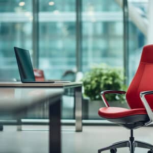 Chaise de bureau rouge élégante associée à une table vitrée moderne, dans un environnement professionnel lumineux et accueillant.