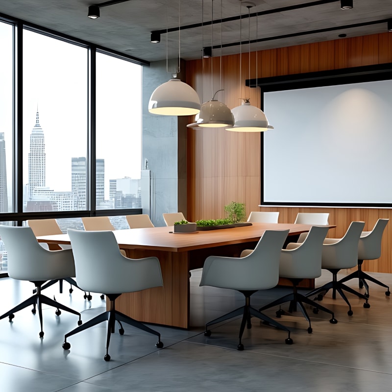 Salle de réunion professionnelle équipée d'une grande table en bois, de chaises modernes pivotantes et d'une vue panoramique, idéale pour des réunions et des conférences.
