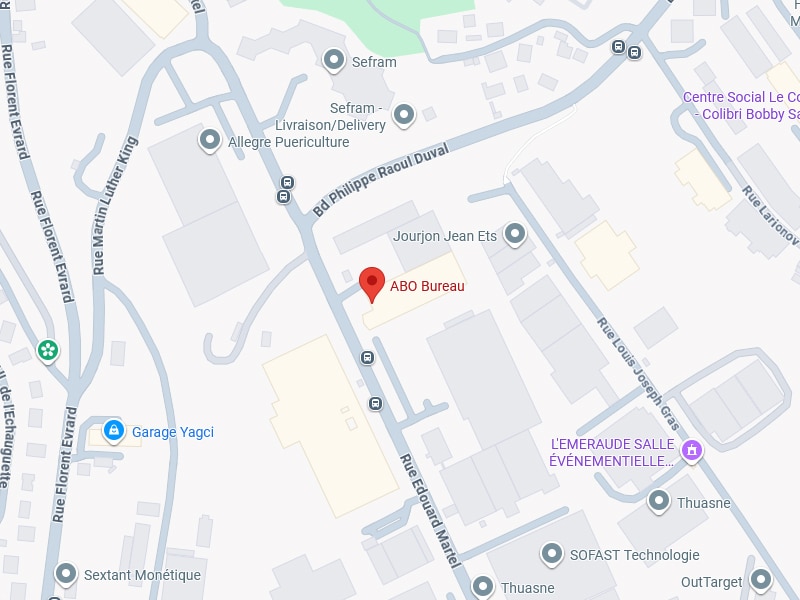 Carte montrant l'emplacement d'ABO Bureau près de Bd Philippe Raoul Duval, Rue Florent Evrard et des entreprises Sefram, Jourjon Jean Ets.